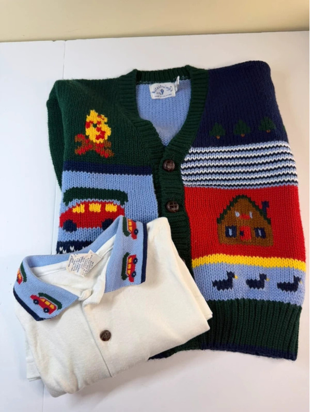 Vintage Kitestrings Boys Size 7 Outdoor Novelty Cardigan Sweater & Polo Set
